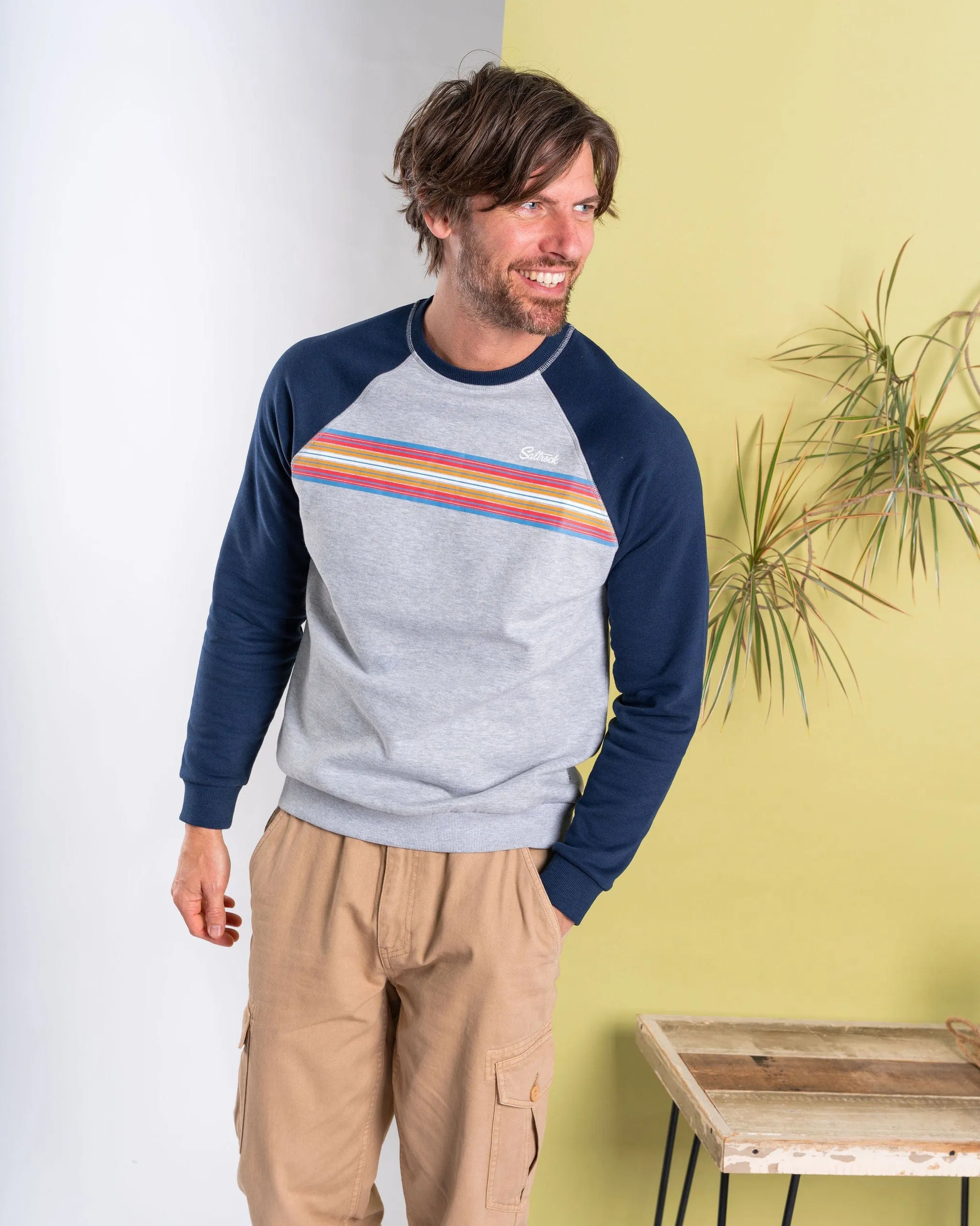 Bias Cut Hem Details Classic Stripe - Mens Raglan Sweat - Blue/Grey