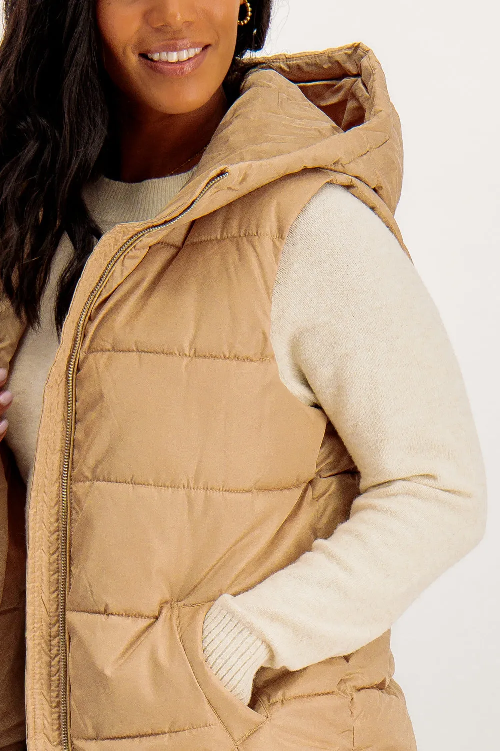 Tate Sesame Hooded Short Puffer Gilet NonRestrictiveFit