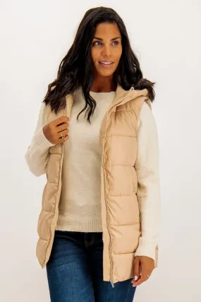 Tate Sesame Hooded Short Puffer Gilet Tear Resistant Material Four Way Stretch
