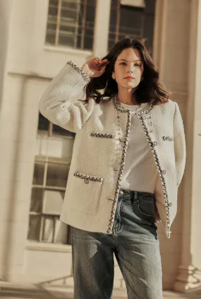 Charmaine Oversized Wool Tweed Coat - Ivory City Walking Style Anti Snag Fabric