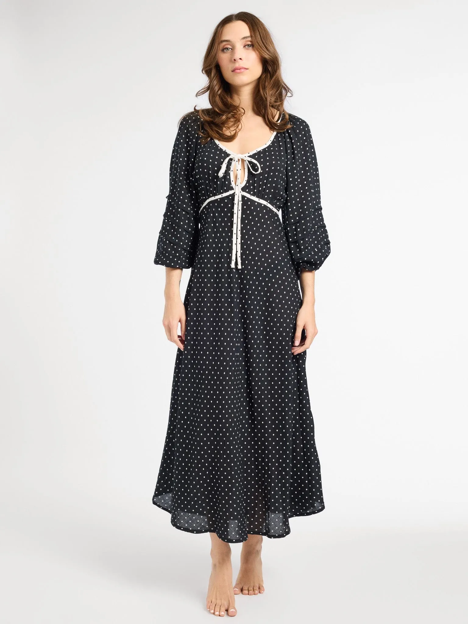 Suki Dress in Black & White Dot Evening Motion