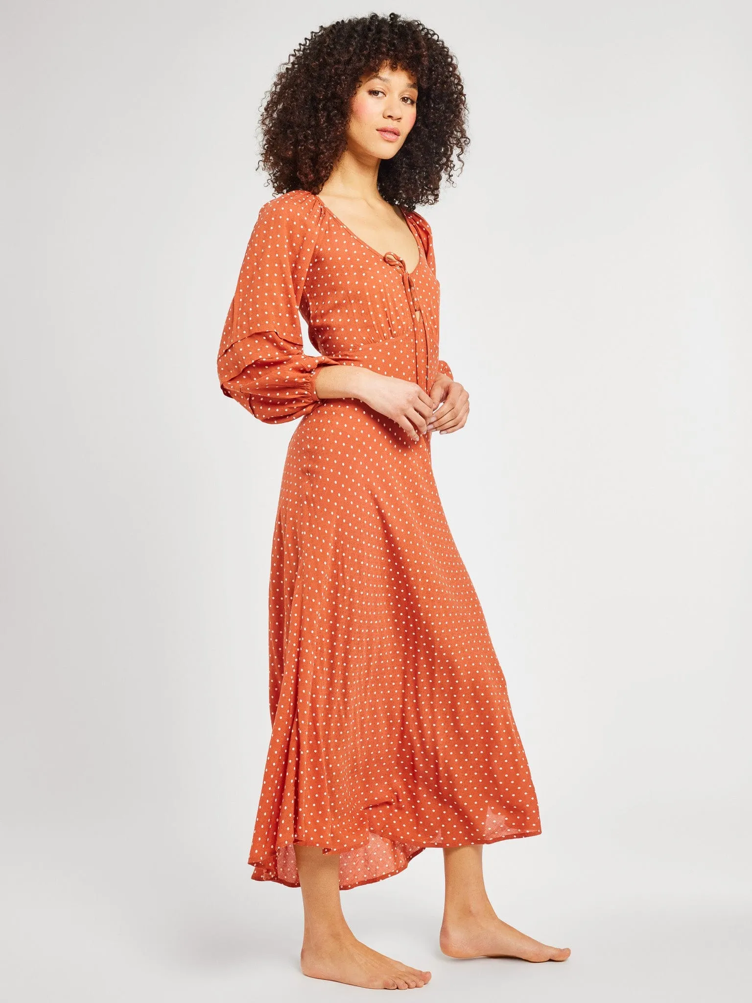 Suki Dress in Terracotta Dot Hip-Flattering