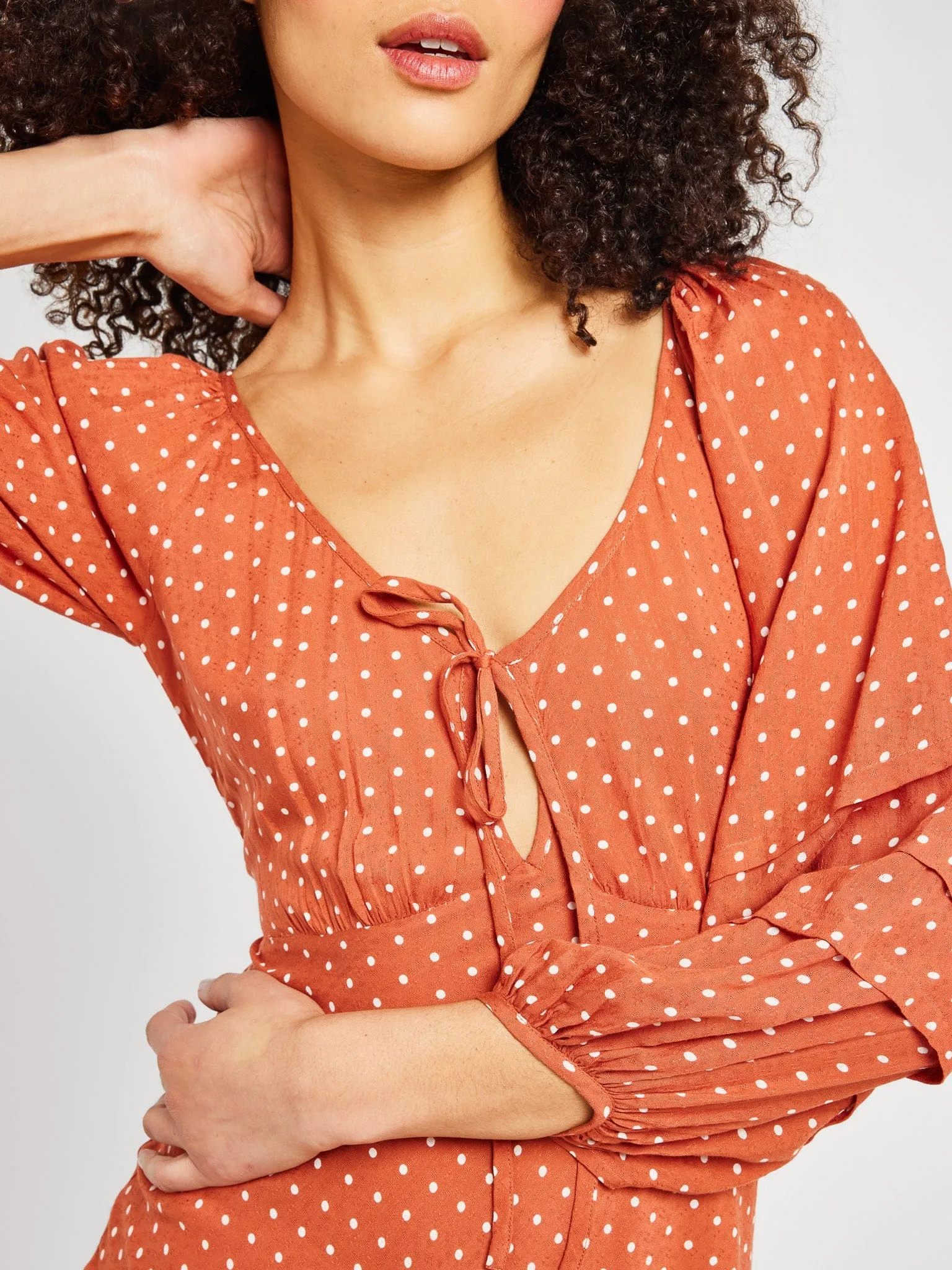 Mesh-Detail Suki Dress in Terracotta Dot