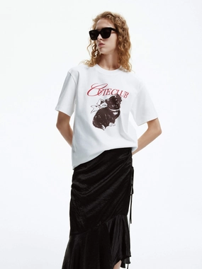 Layered Knit Technology Cat Pattern Cotton T-shirt
