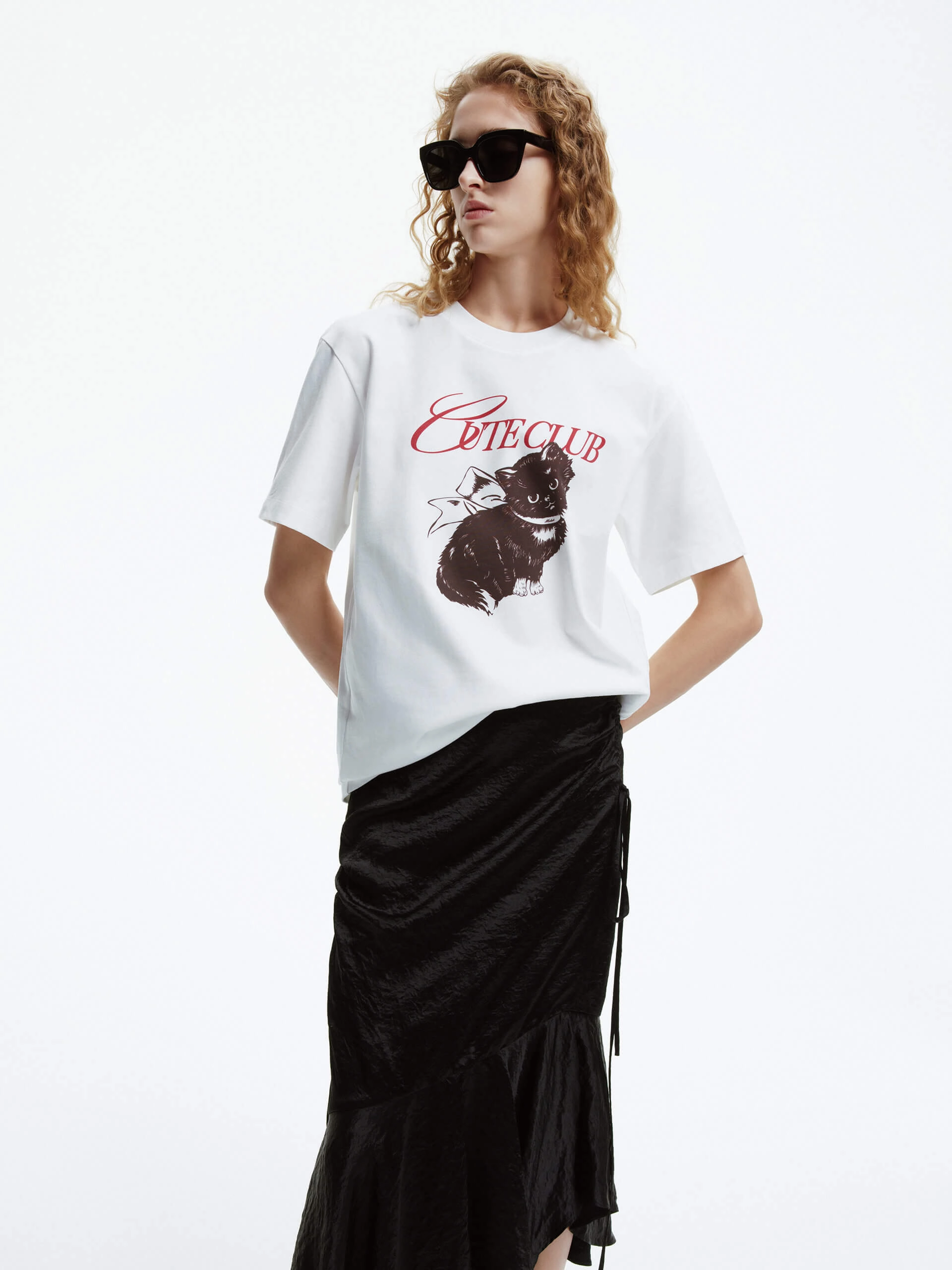 Layered Knit Technology Cat Pattern Cotton T-shirt