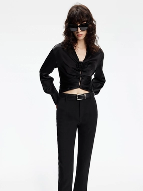 V-neck Satin Cropped Blouse Non Restrictive Cut