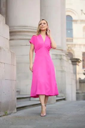 Romantic dinner wear Day Magic Talia Fuchsia V-Neck Midi Dress