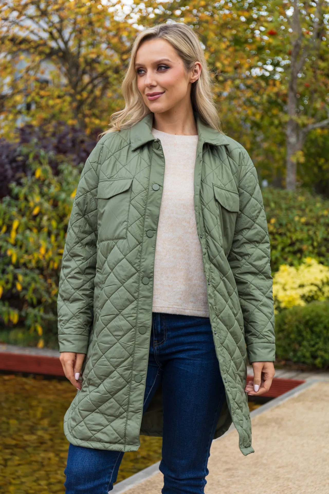Convertible Cuff System Tanzia Green Quilted Coat