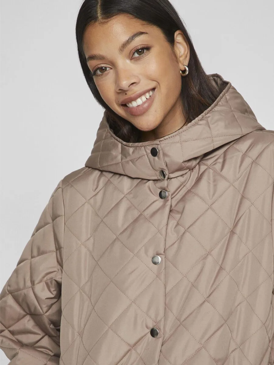 Tate Taupe Quilted Hooded Jacket Tailored Silhouette Flexible Shoulder Gussets