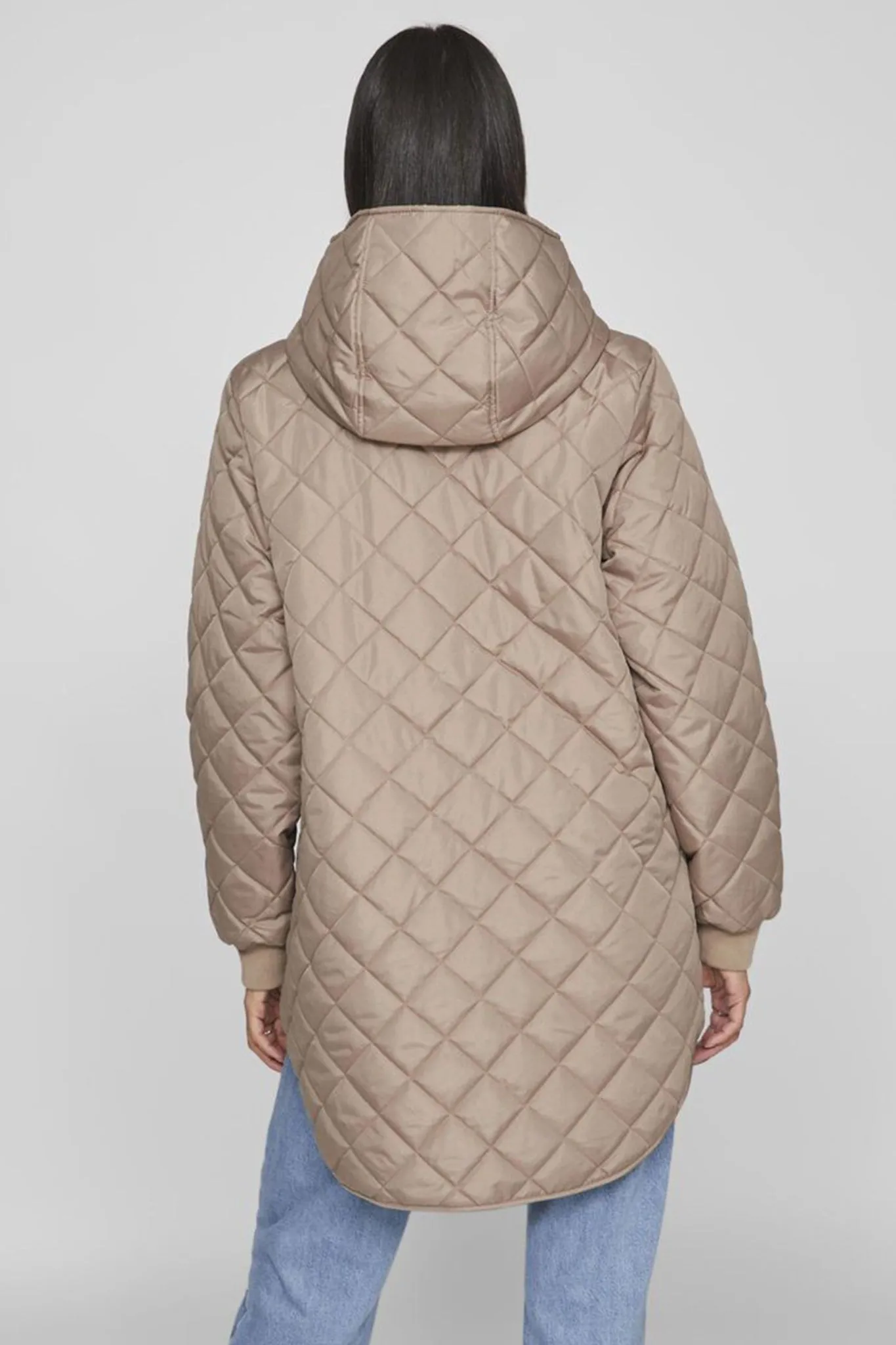Tate Taupe Quilted Hooded Jacket Double Breasted