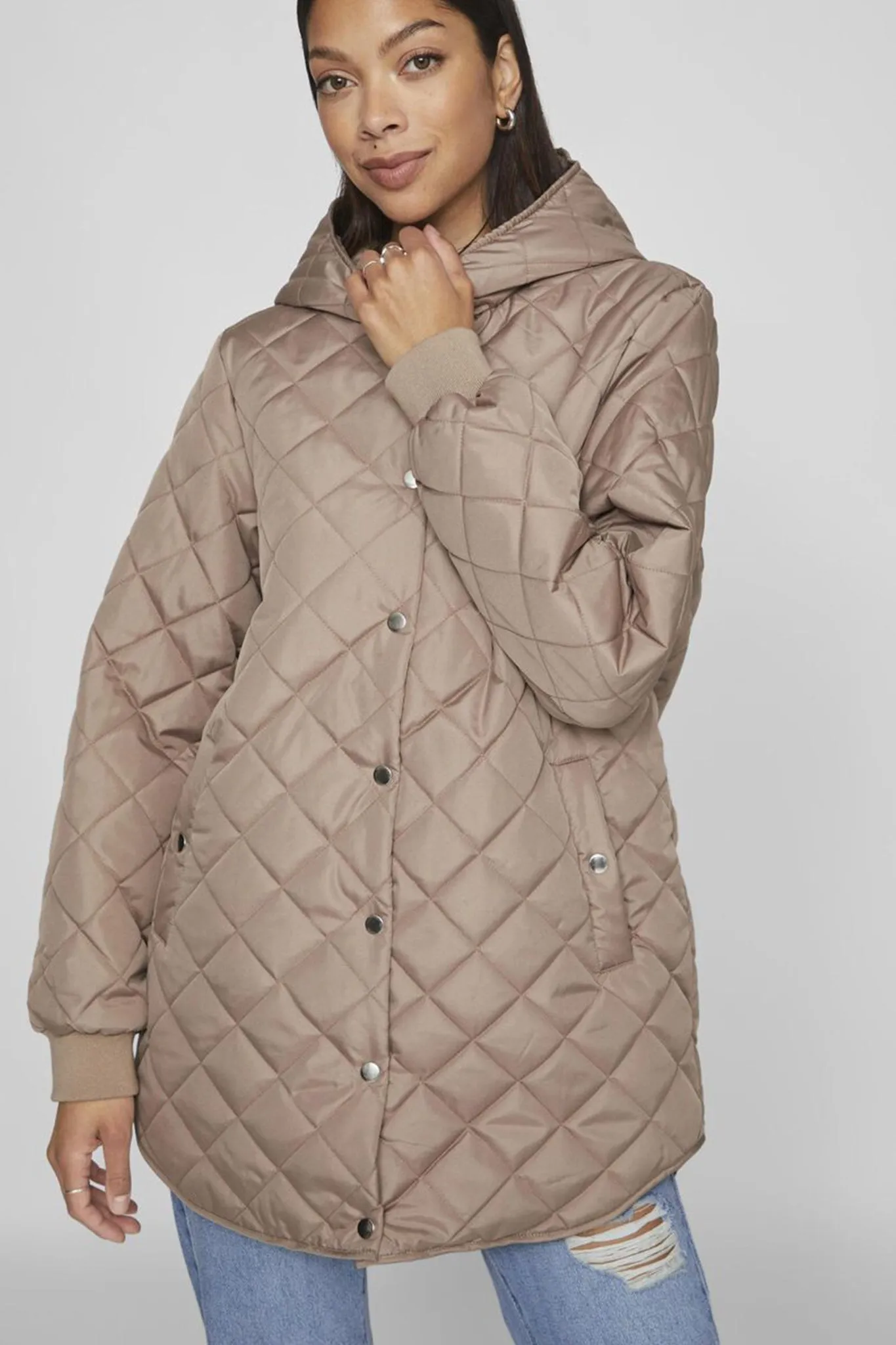 Tate Taupe Quilted Hooded Jacket Frictionless Lining Reinforced Shoulder Protection