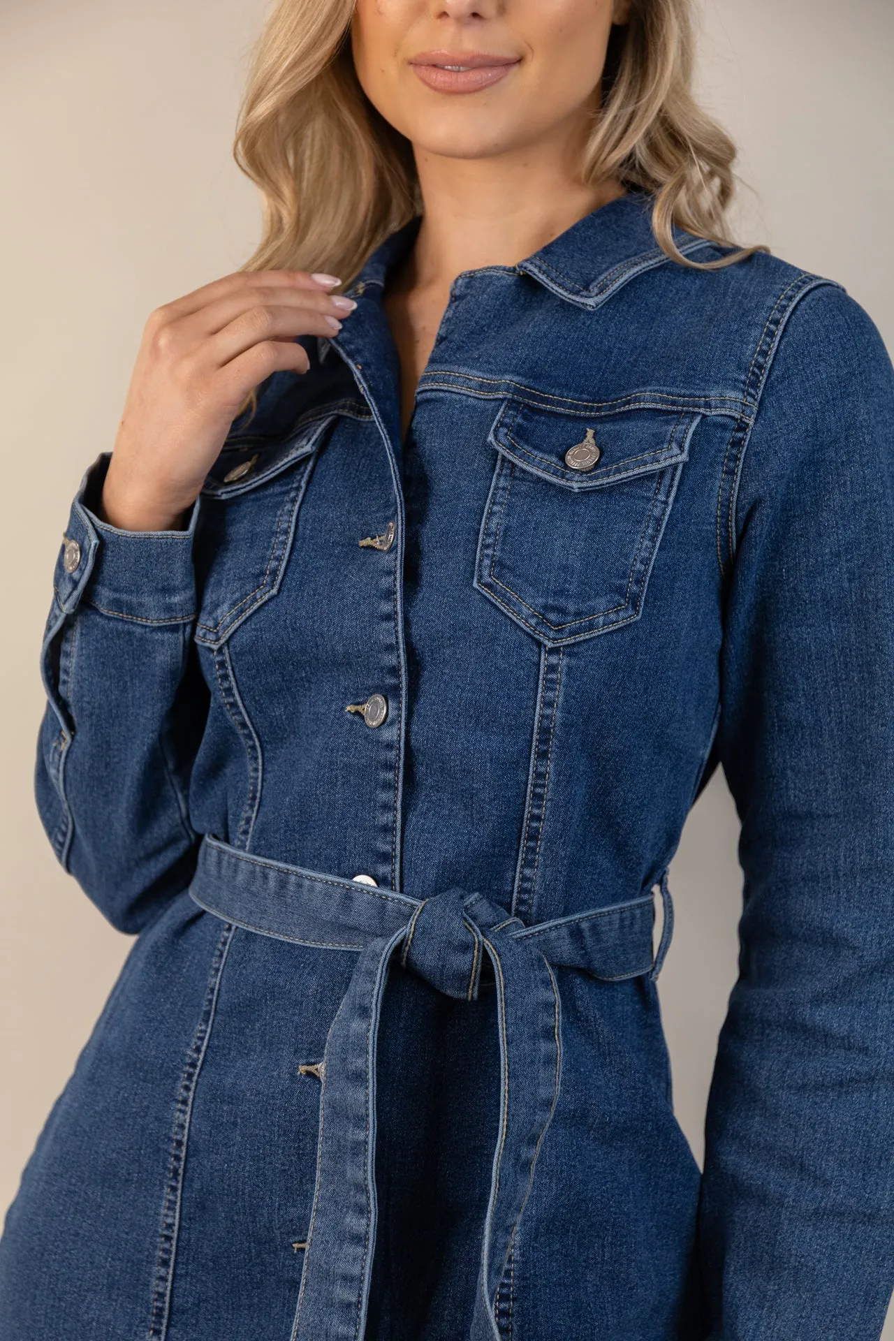 Layered Look Flattering bodycon dress Telly Medium Blue Denim Shirt Dress
