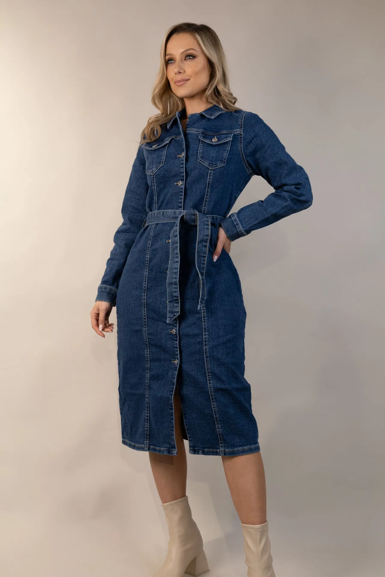 Flattering Lines Love Energy Telly Medium Blue Denim Shirt Dress