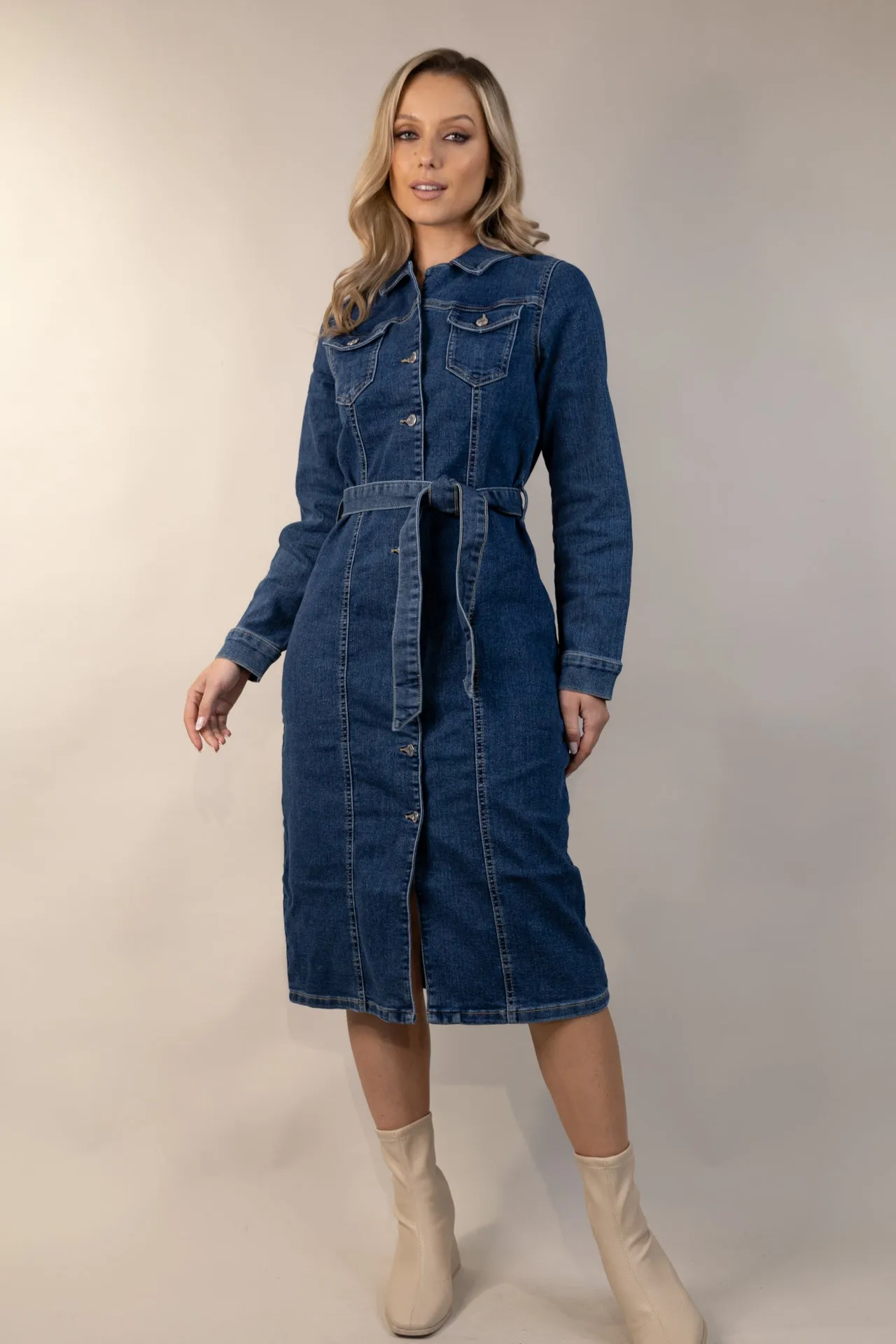 Sophisticated Style Airy Fit Telly Medium Blue Denim Shirt Dress