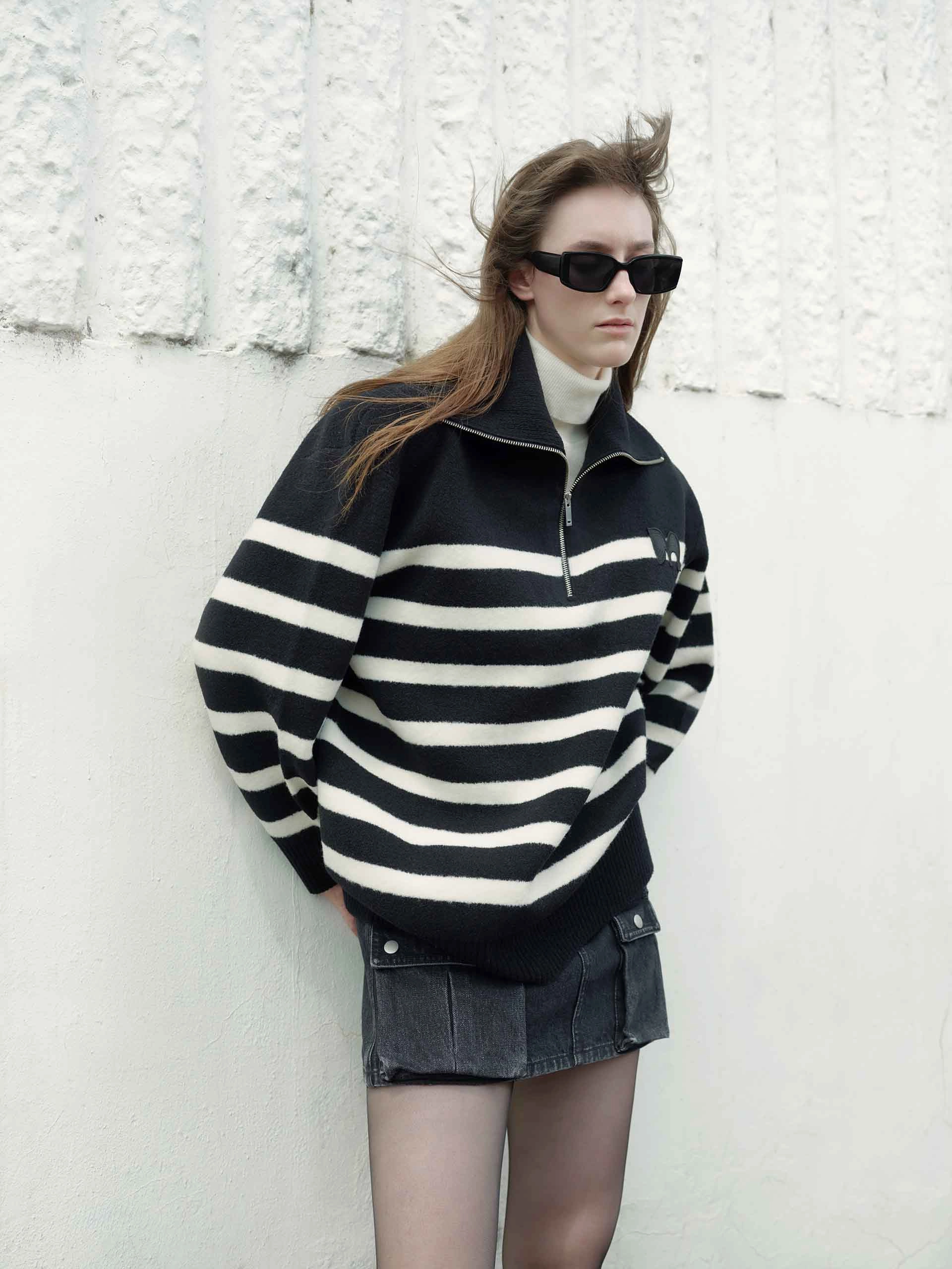 Wide Lapel Striped Sweater Wicking Performance