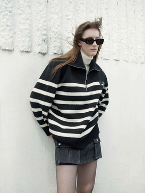 Anti Ride Up Design Wide Lapel Striped Sweater