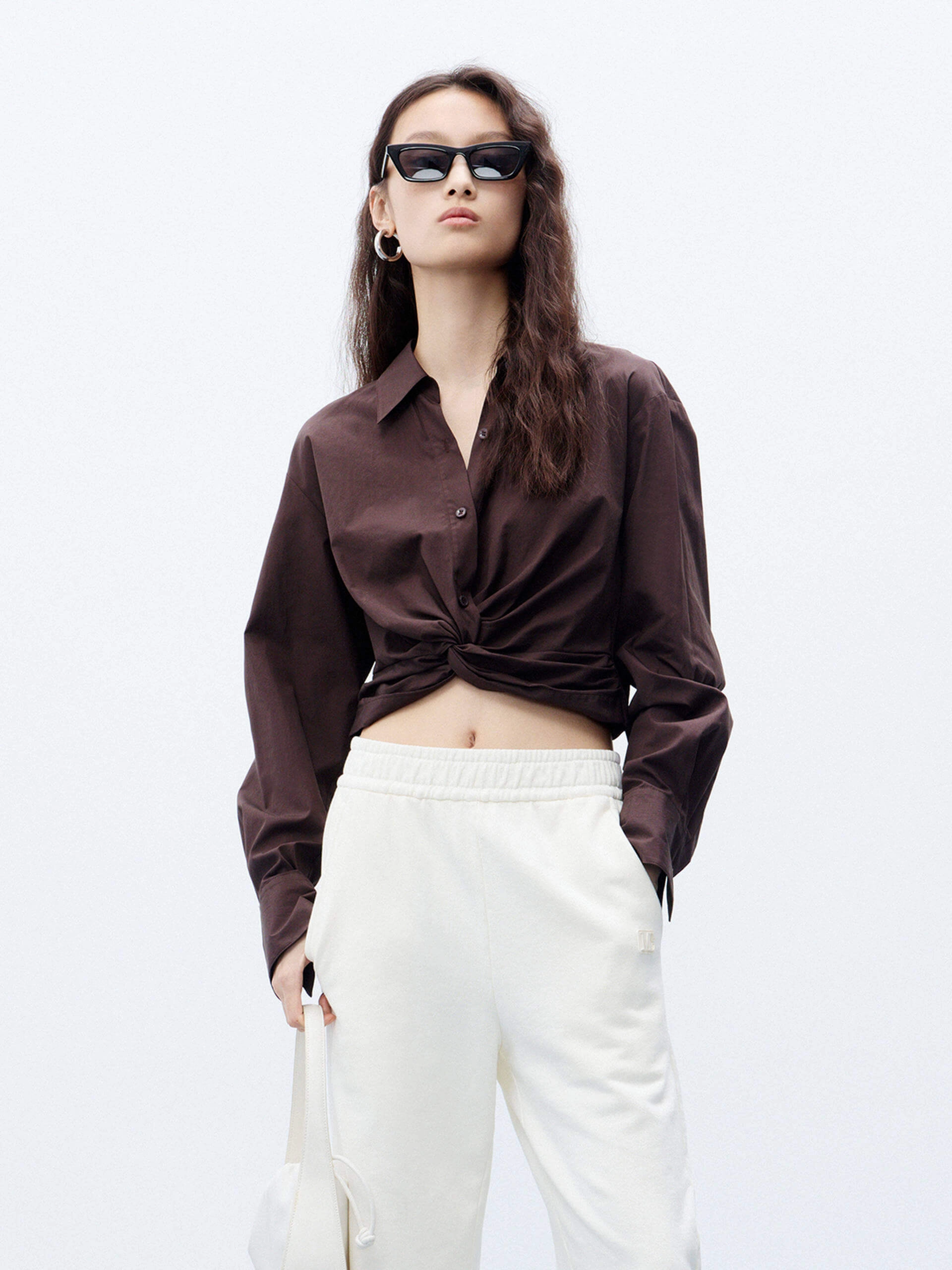 Cropped Twisted Details Shirt Multi Panel Design Easy Care Material