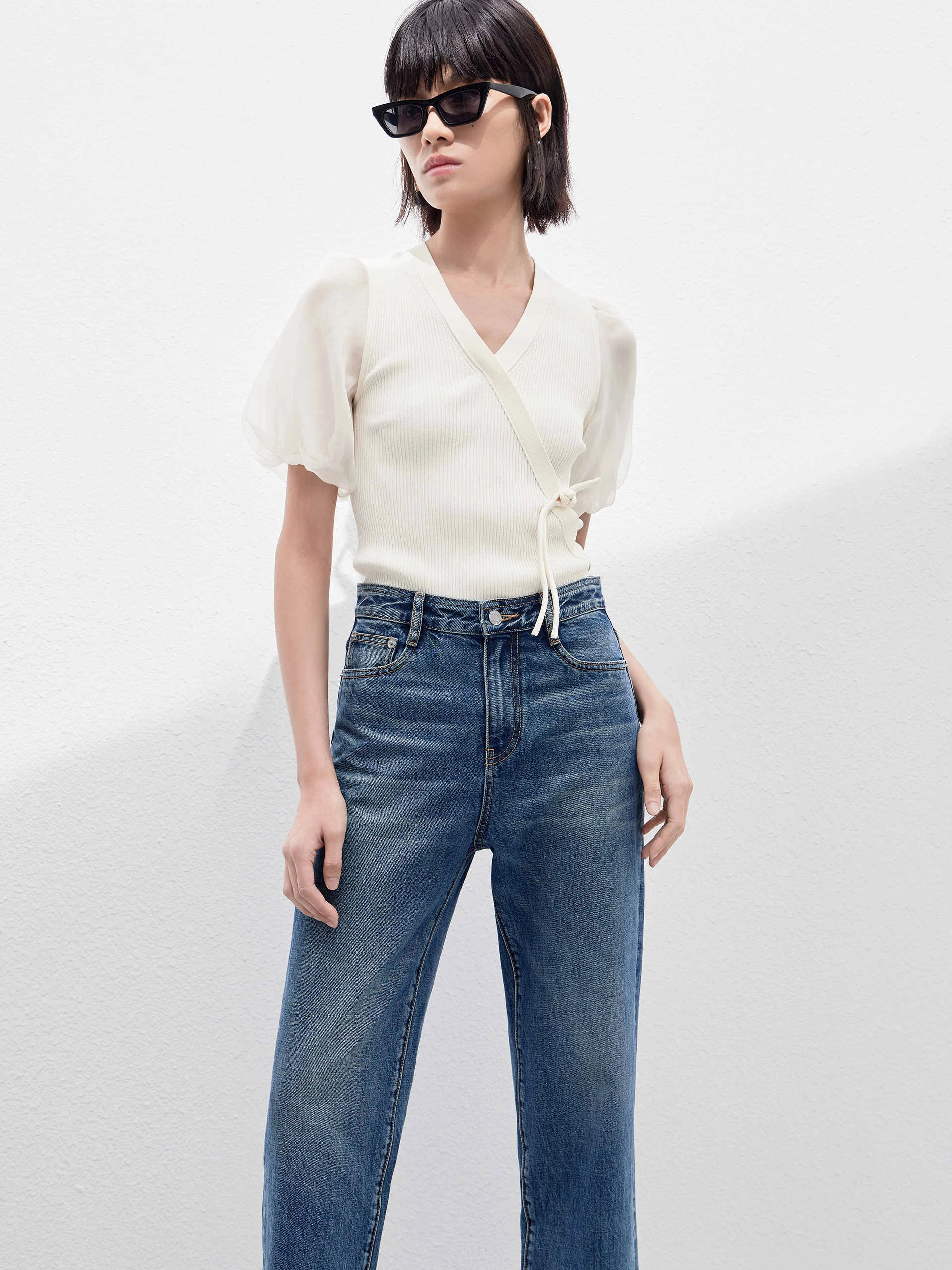 Cropped Puff Sleeves Knit Top Abrasion Resistant Fabric
