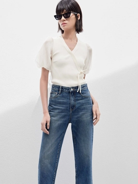 Cropped Puff Sleeves Knit Top Abrasion Resistant Fabric