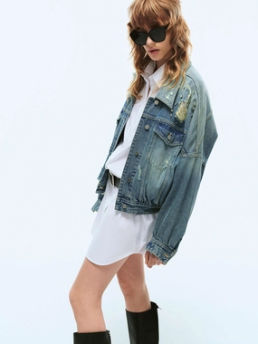 Moisture Wicking Technology Wrinkle Free Fabric Crystal Detail Denim Jacket