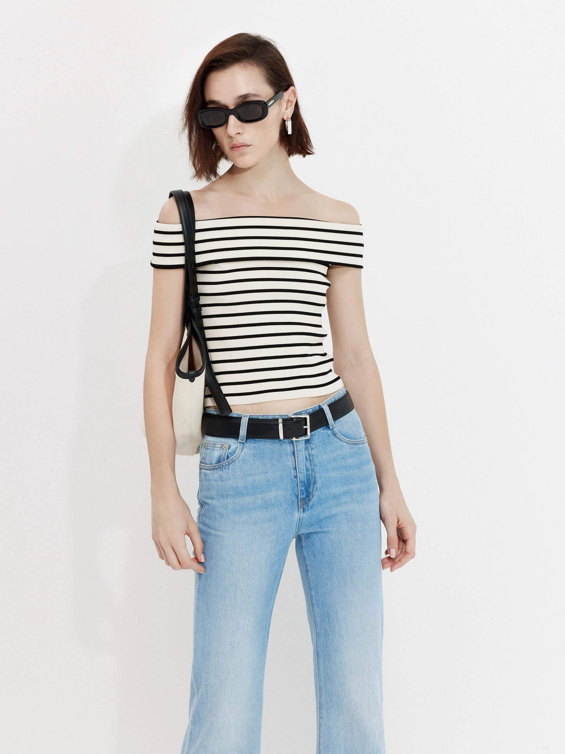 Wicking Inner Layer Off Shoulder Striped Knit Top
