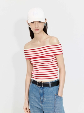 Off Shoulder Striped Knit Top Multi Panel Construction Chafe Free Design