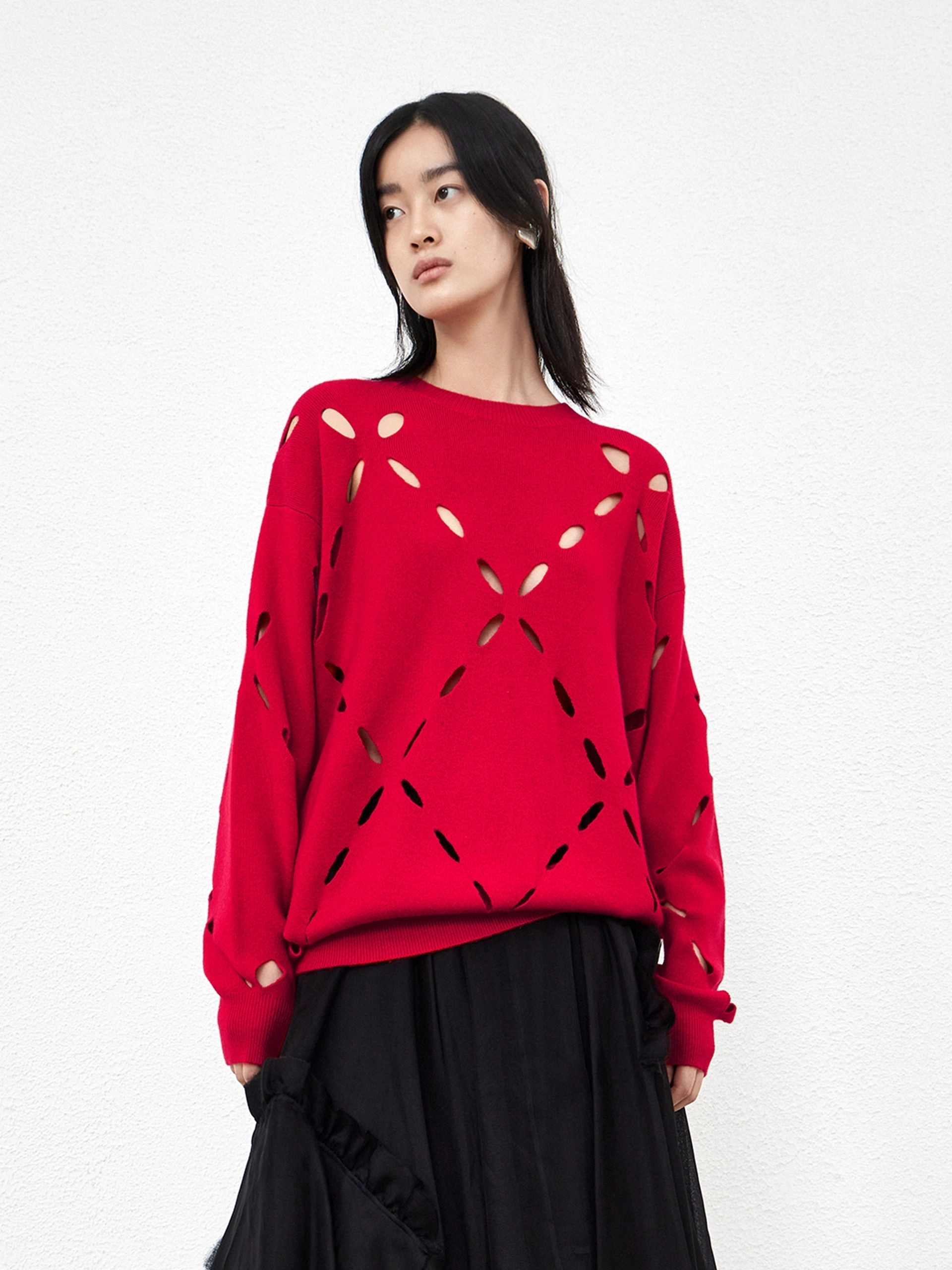 Crewneck Wool Blend Openwork Sweater Ergonomic Cut