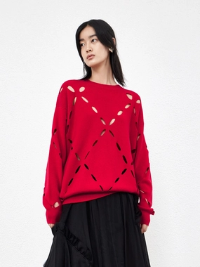 Tear Resistant Fabric Crewneck Wool Blend Openwork Sweater
