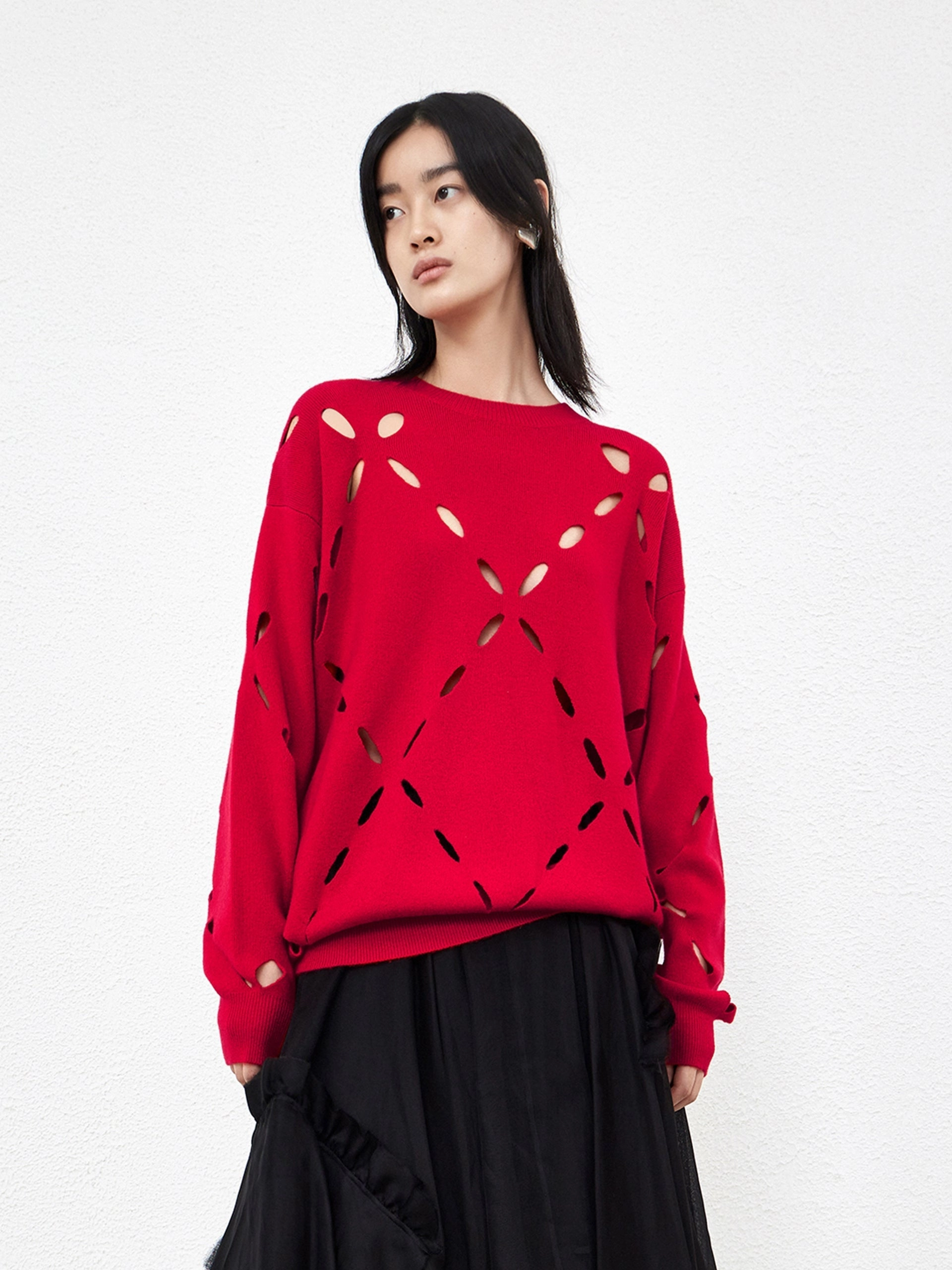 Breathable Material Thermal Regulating Fabric Crewneck Wool Blend Openwork Sweater