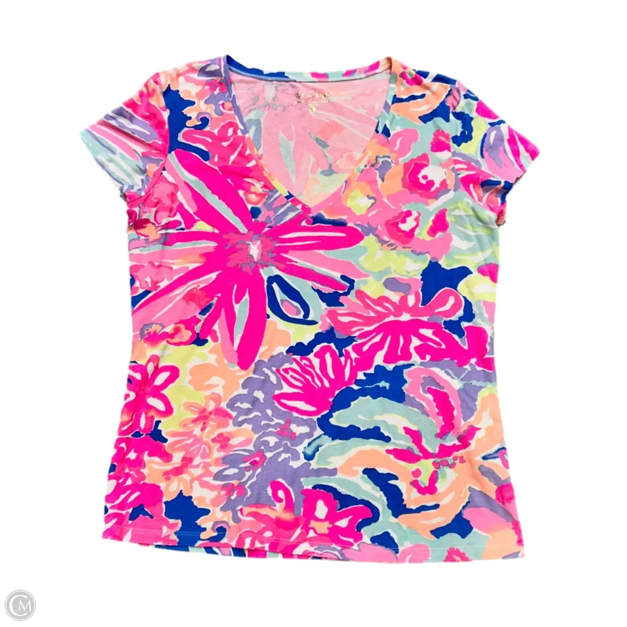 Timeless Must-Have Basic Wardrobe Piece Top Short Sleeve Designer By Lilly Pulitzer In Blue & Pink, Size: L
