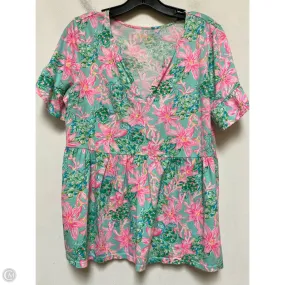 Cozy Essentials Light Fit Top Short Sleeve Designer By Lilly Pulitzer In Green & Pink, Size: M