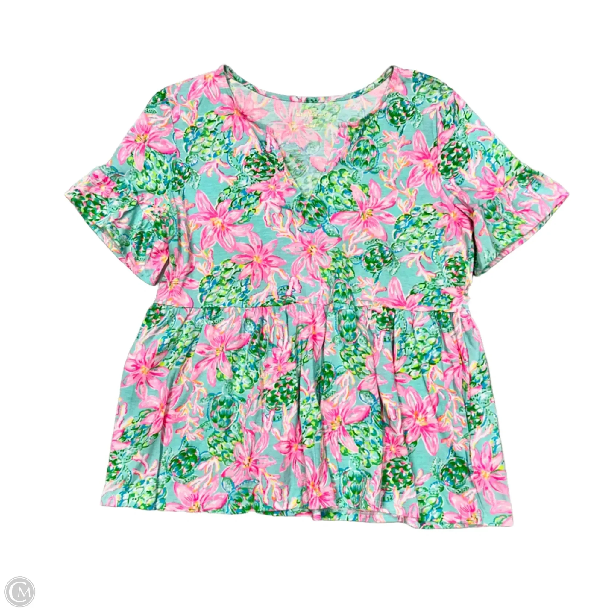 Top Short Sleeve Designer By Lilly Pulitzer In Green & Pink, Size: S Microfiber texture Denim combination