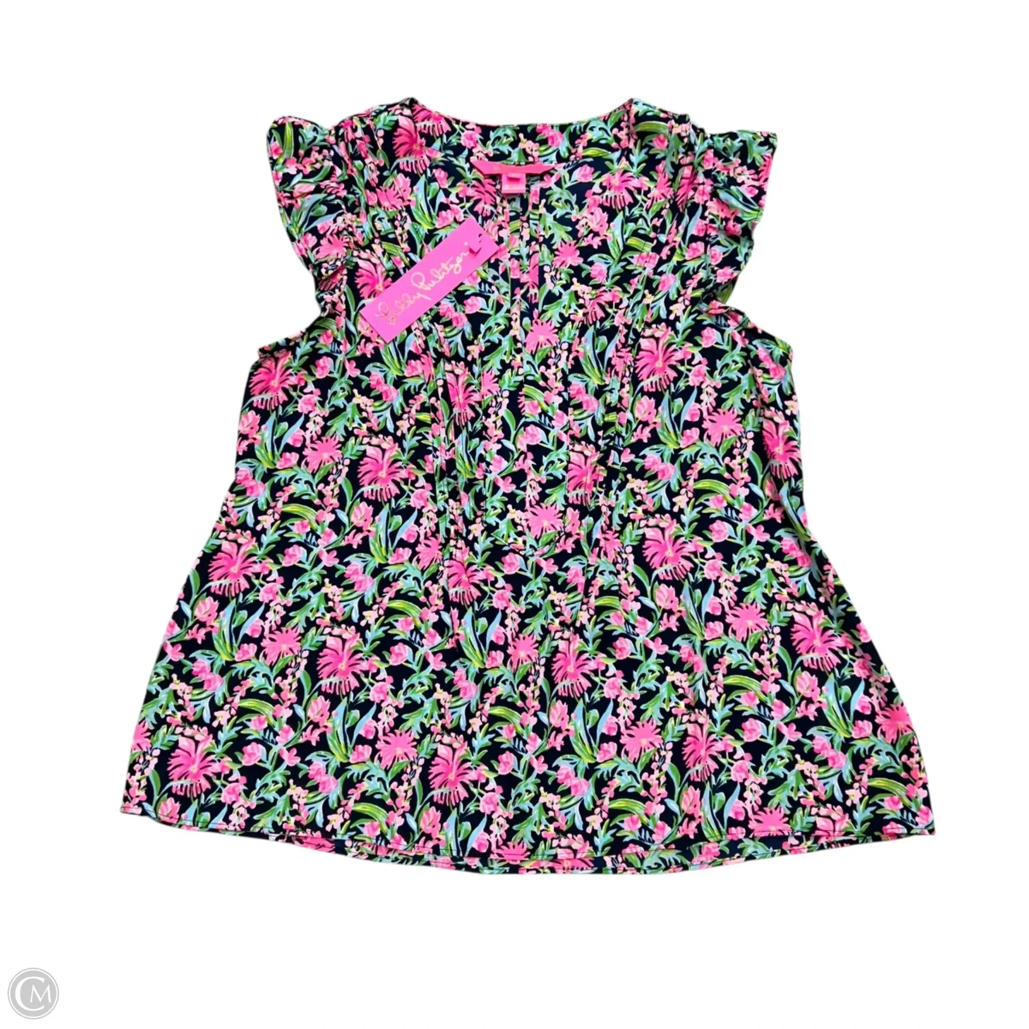 Tagless Design Top Short Sleeve Designer By Lilly Pulitzer In Green & Pink, Size: S
