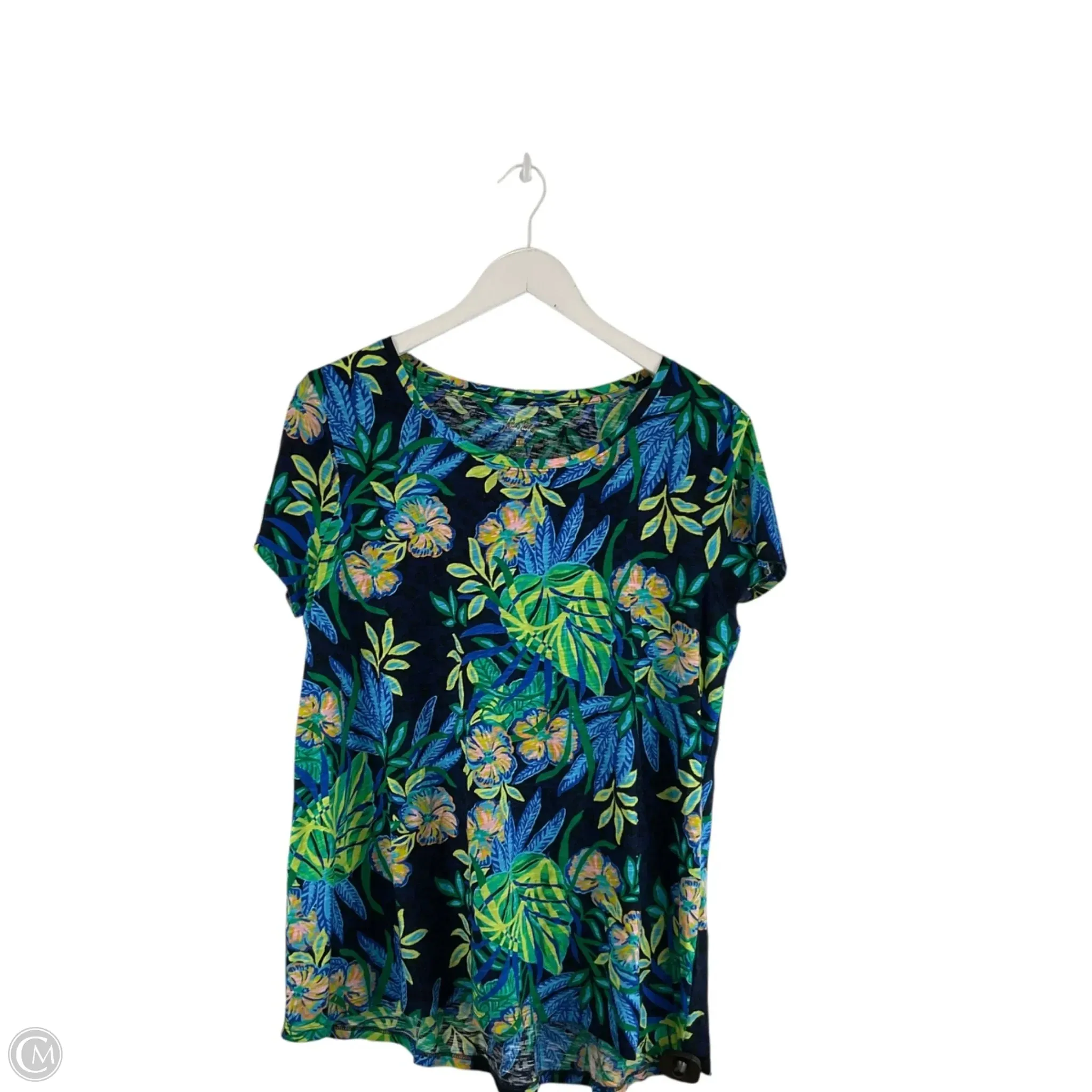 Leather combination Top Short Sleeve Designer By Lilly Pulitzer In Navy, Size: L