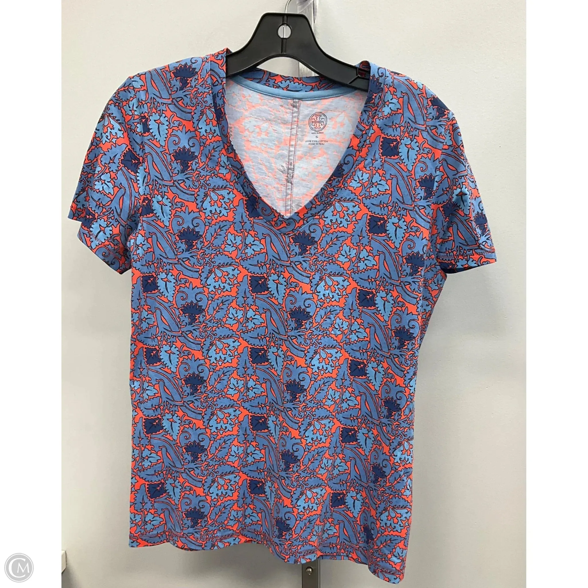 Organic Cotton Top Short Sleeve Designer By Tory Burch In Blue & Orange, Size: S