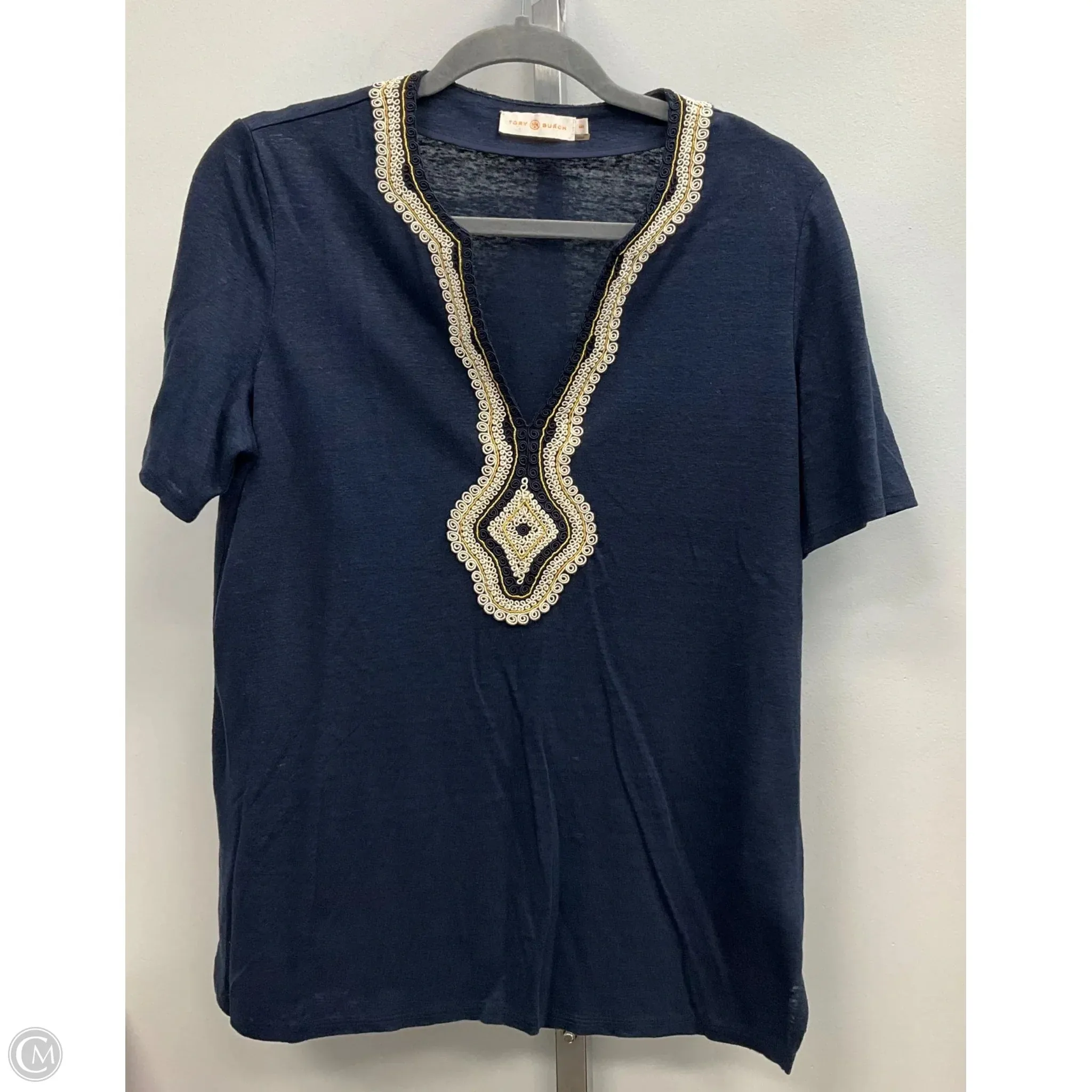 Soft Cotton Feel EasyCareFinish Top Short Sleeve Designer By Tory Burch In Navy, Size: M
