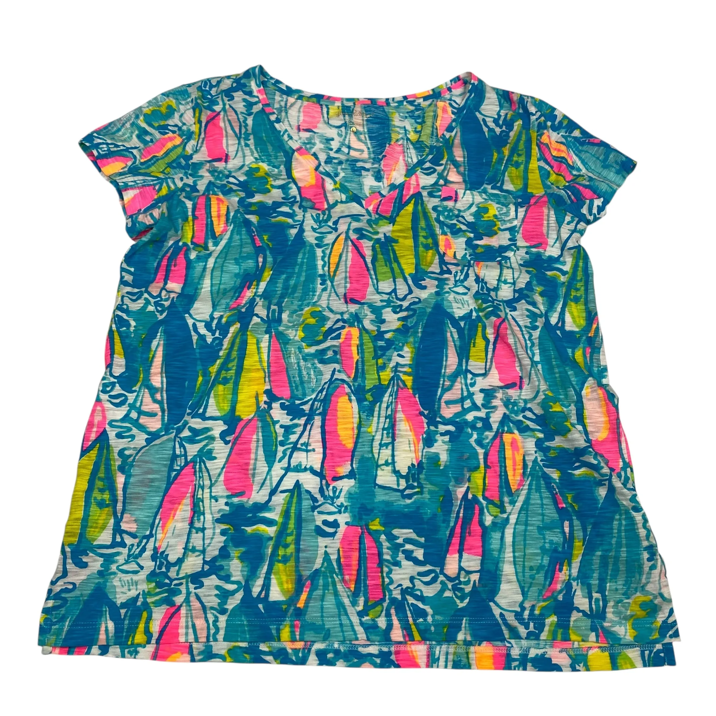 Chill Vibe Top Ss Designer By Lilly Pulitzer In Blue & Pink, Size:L
