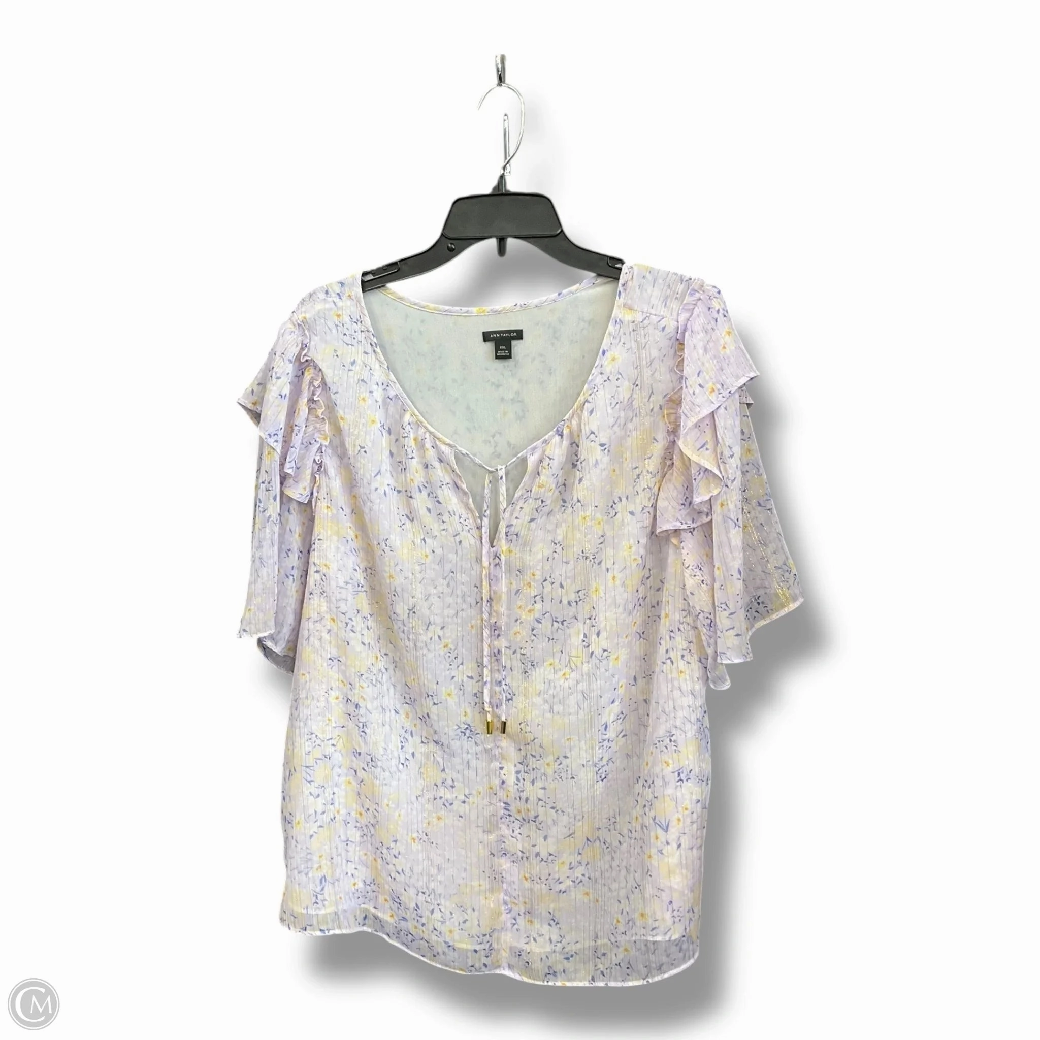 Stylish Dress Top Short Sleeve By Ann Taylor In Purple & Yellow, Size: Xxl