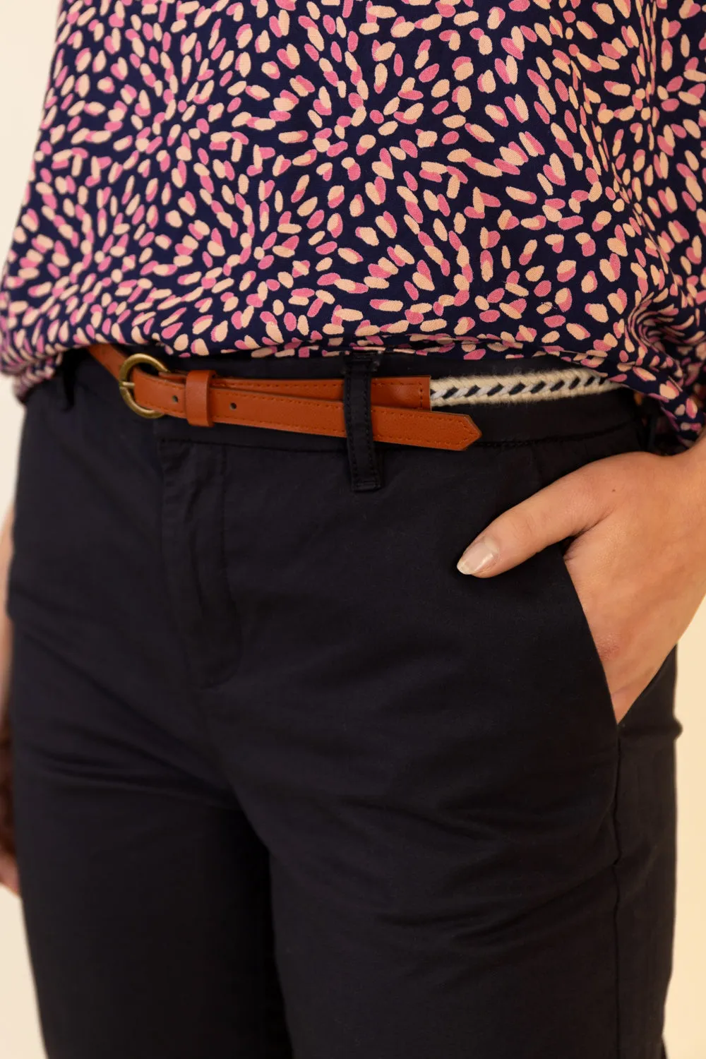 Biana Cotton Navy Belted Chino Comfort Fit Eco Friendly Dyeing