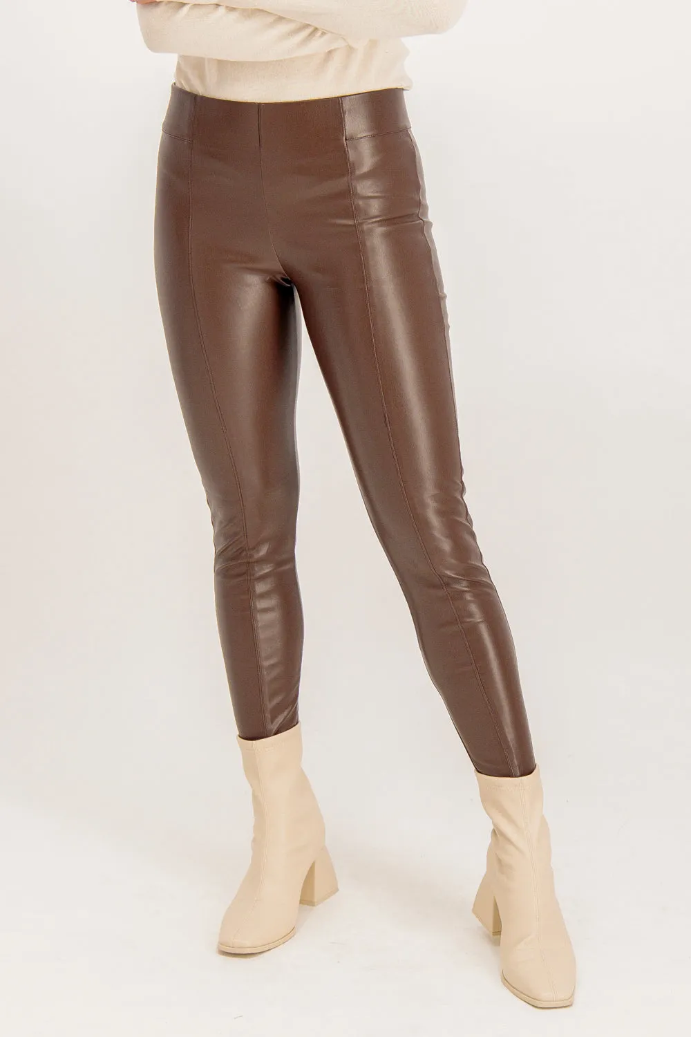 Chocolate Brown PU Leggings Easy Care Fabric Finish FlexibleStretchWeave