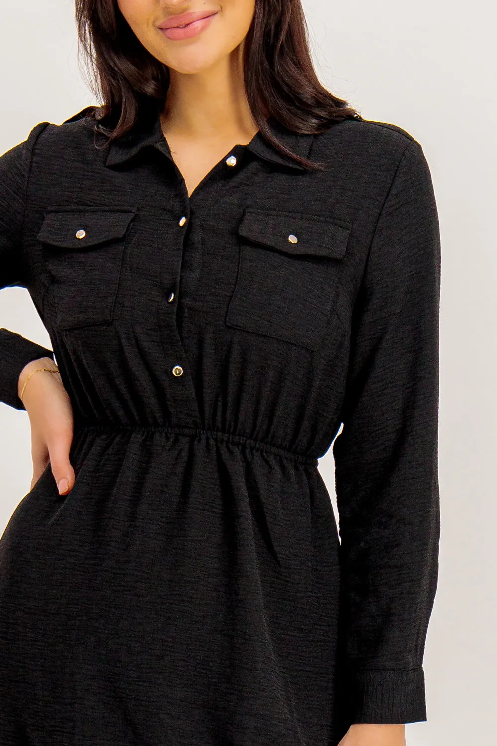 Bonnie Pocket Front Black Mini Dress Perfect Cut Bright-Hue