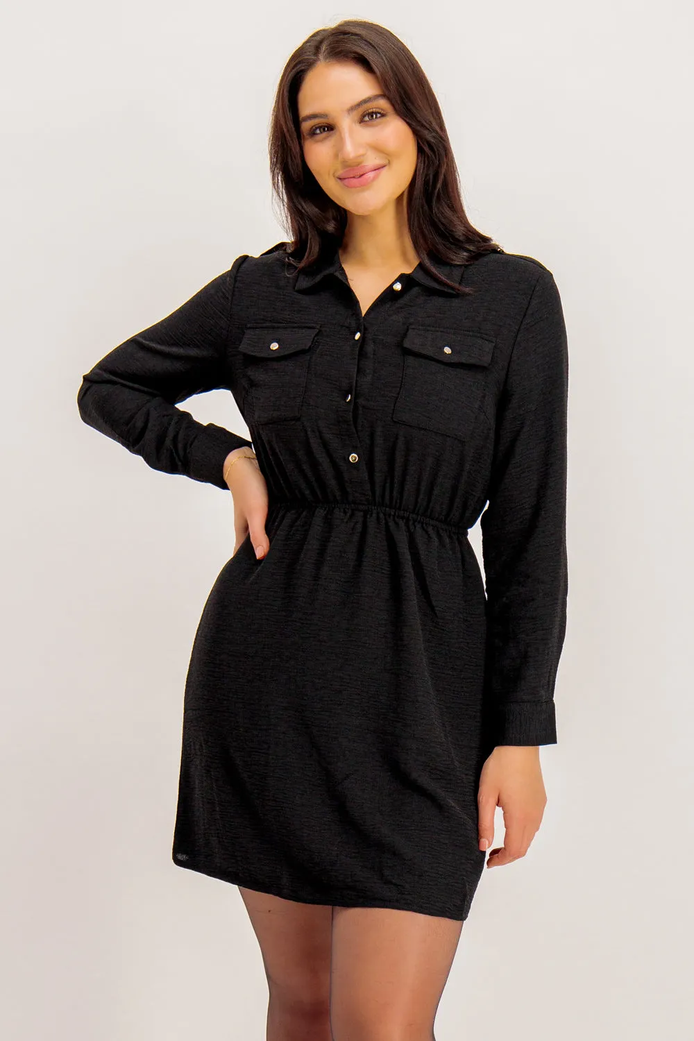 Chic Layering Bonnie Pocket Front Black Mini Dress