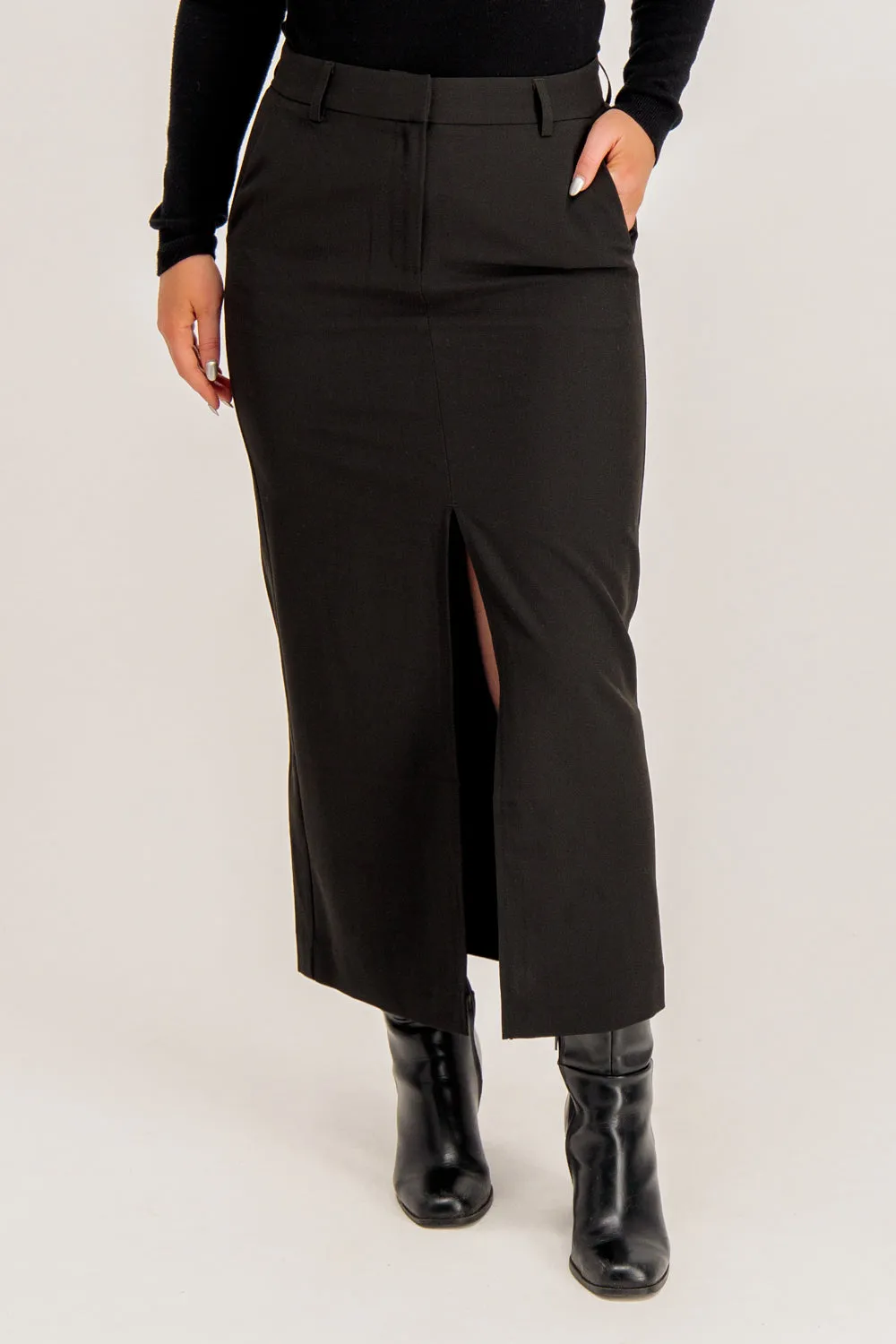 smooth zipper ribbed texture Troian Black Slit Midi Skirt