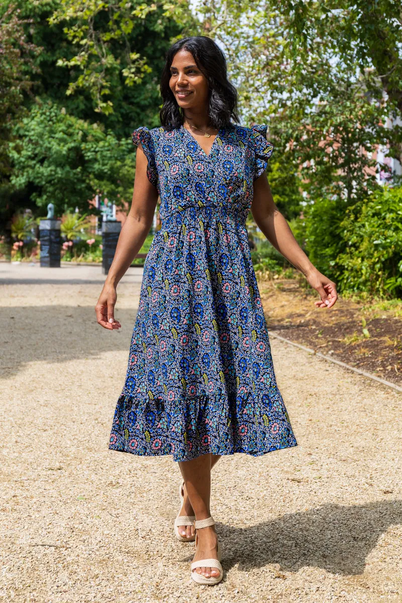 Tyra Navy & Blue Floral Print Midi Dress Chic and Cozy Playful and flirty dress