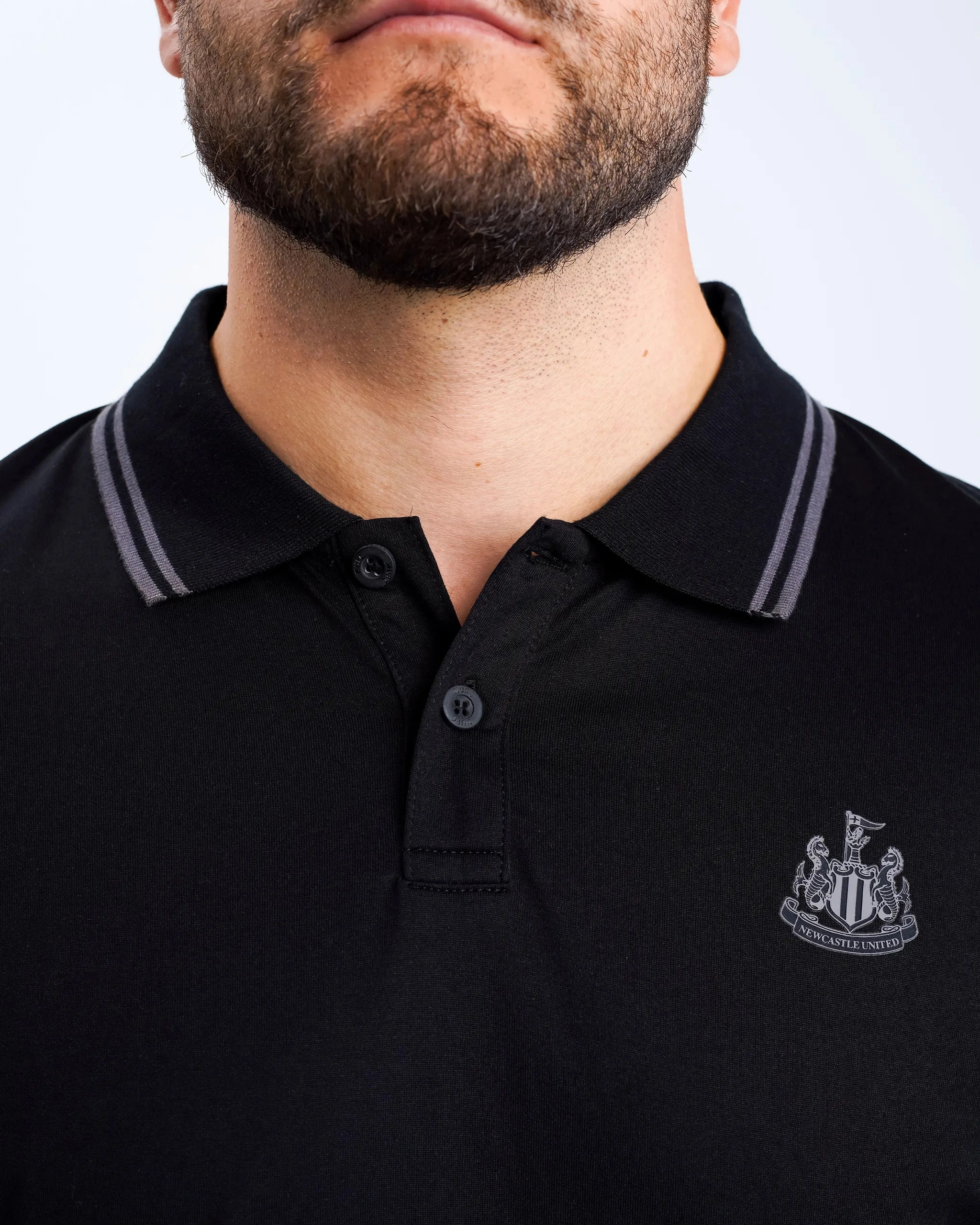 Newcastle United Men's Black Label Black Polo Shirt Garment Washed Finish Sporty Layer