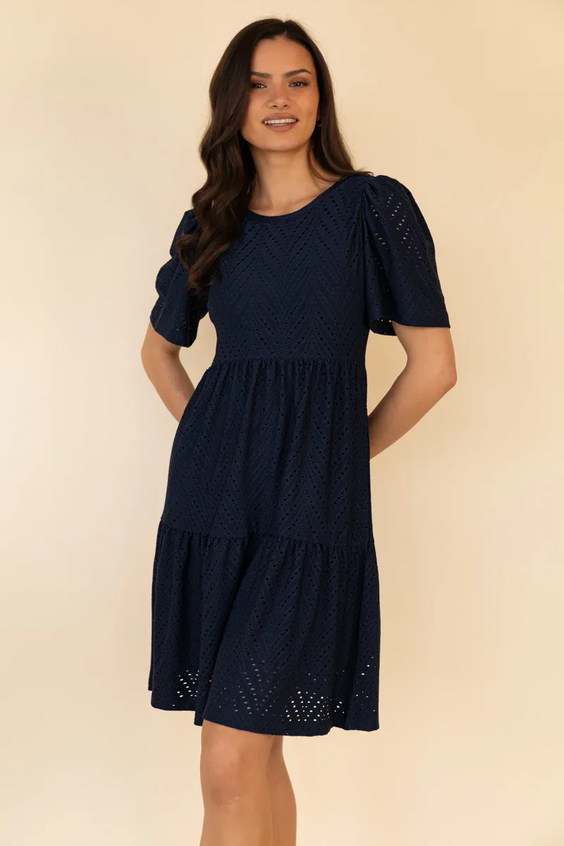 Carla Navy Anglaise Mini Dress Tiered-Skirt Romance Soul