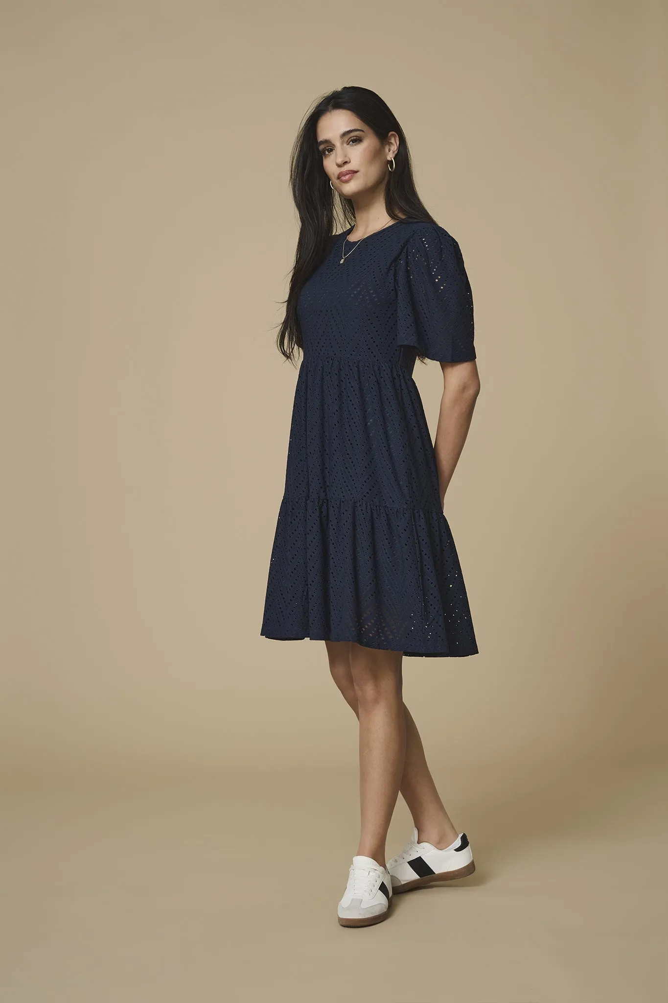 Carla Navy Anglaise Mini Dress Easy Draping