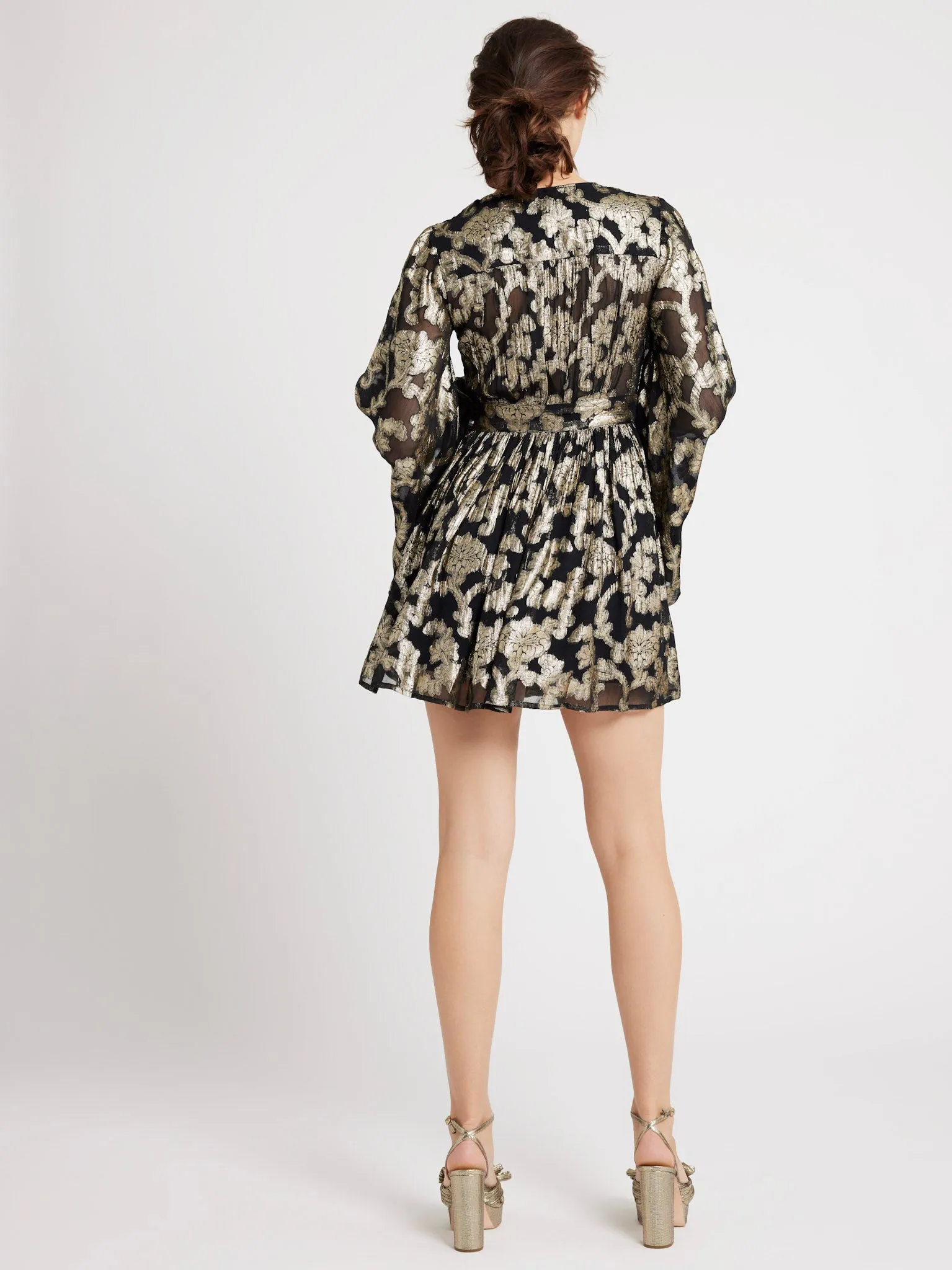 Sheer Panel Goldie Dress in Metallic Jacquard