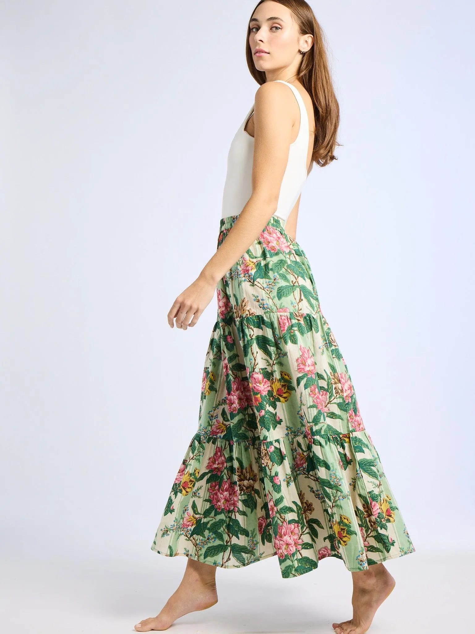 muted tone Wrinkle Resistant Finish Paola Skirt in Garden Stripe