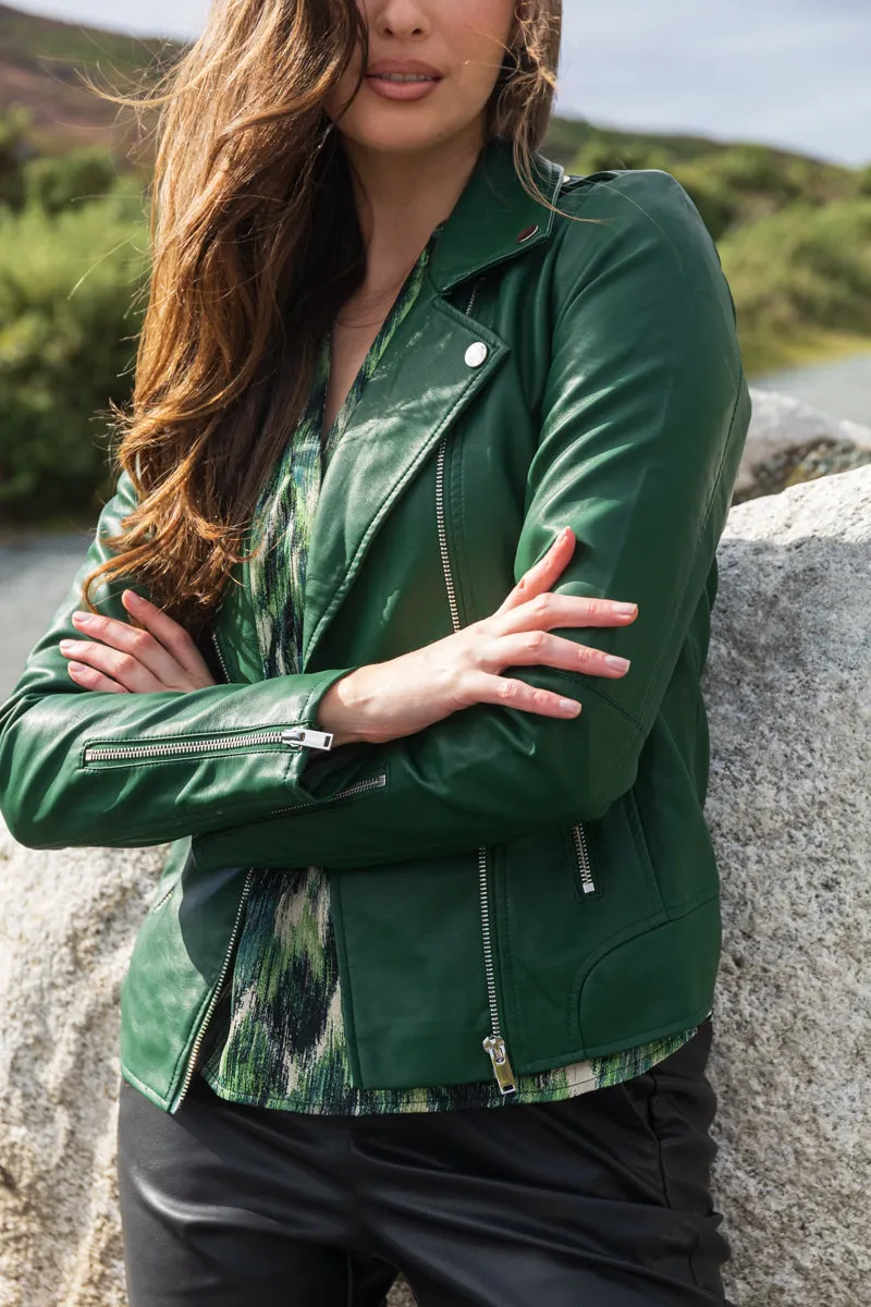Cara Pine Green Faux Leather Jacket Sleek Outer